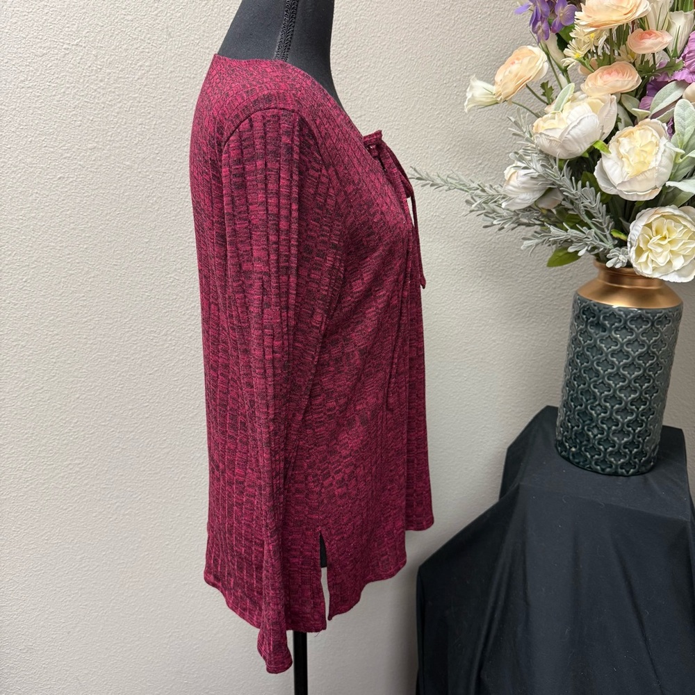 Chenault Burgundy Lace-Up Long Sleeve Textured Knit Top L Fall Winter - Picture 4 of 9